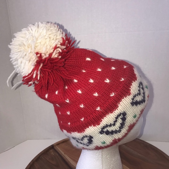 Vtg 80s Marceau pom-pom wool hat hearts winter red - Picture 4 of 8